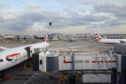 An image of Heathrow Airport terminal, one of the international airports in England.