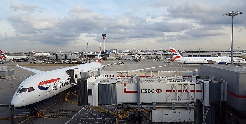 An image of Heathrow Airport terminal, one of the international airports in England.