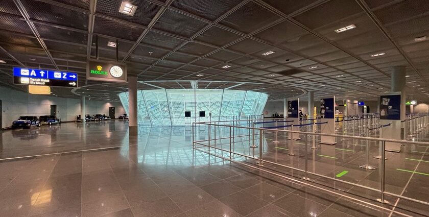 An image of the Frankfurt Airport terminal, an international airport in Germany.