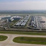 An image of the aerial view of Munich Airport terminal, an international airport in Germany.