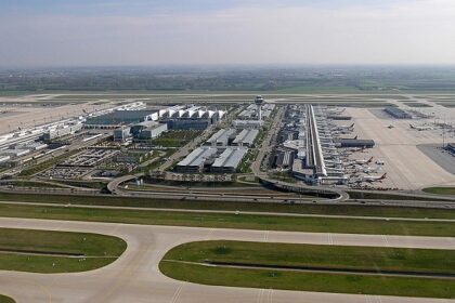 An image of the aerial view of Munich Airport terminal, an international airport in Germany.