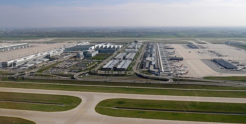 An image of the aerial view of Munich Airport terminal, an international airport in Germany.