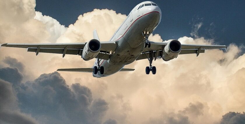 An image of an airplane that takes off into a cloudy sky resembling south korean flights