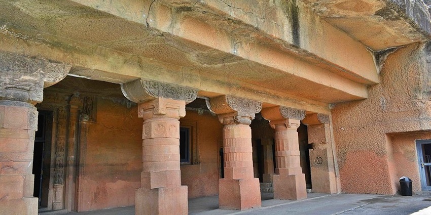 Strong pillars were carved out of stone at Cave 24 in Ajanta Caves in Maharashtra.