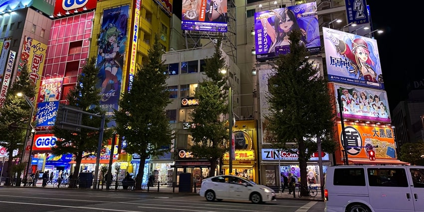 Otaku paradise with anime, gaming, and tech stores.