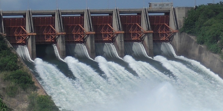 Water spilling out of flood gates at Akosombo Dam built on the Volta River in Eastern Ghana’s Akosombo