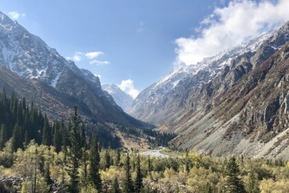 Ala Archa National Park features majestic mountains and hiking trails in Kyrgyzstan.