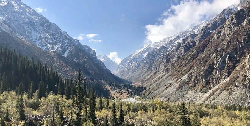 Ala Archa National Park features majestic mountains and hiking trails in Kyrgyzstan.