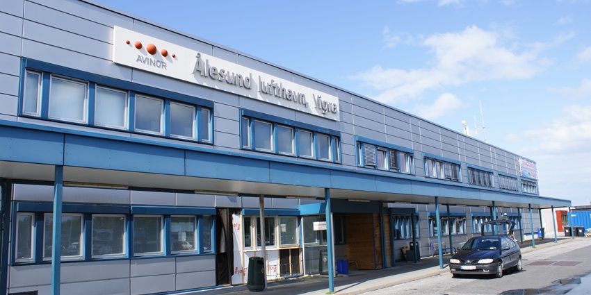 An image of the exterior of Ålesund Airport, located on Vigra Island in Norway.
