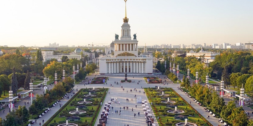 Grand exhibition space with Soviet-era architecture and cultural displays