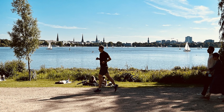 An image showing Alster Lake in Hamburg, surrounded by serene views and tranquil waters.