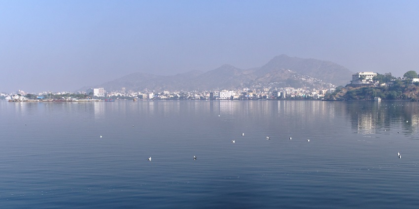 Ana Sagar Lake with a large water body, one of the famous lakes in Rajasthan, India.