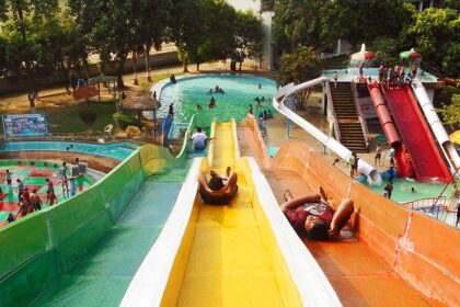 Kids enjoying huge water slides and swimming pools at Anandi Water Park Lucknow