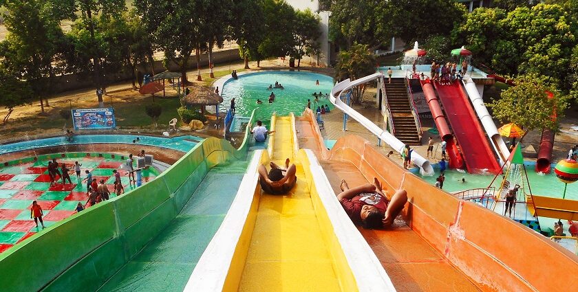 Kids enjoying huge water slides and swimming pools at Anandi Water Park Lucknow