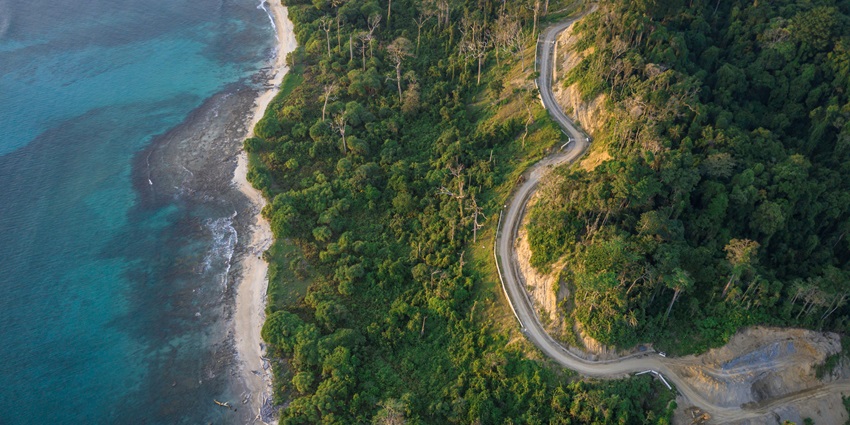 An aerial view of Great Nicobar, at Andaman and Nicobar Islands, highlighting one of the beautiful islands in India.