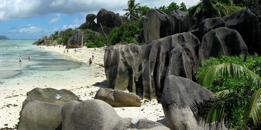 Anse Source d’Argent beaches in Seychelles, with dramatic granite boulders, blue waters