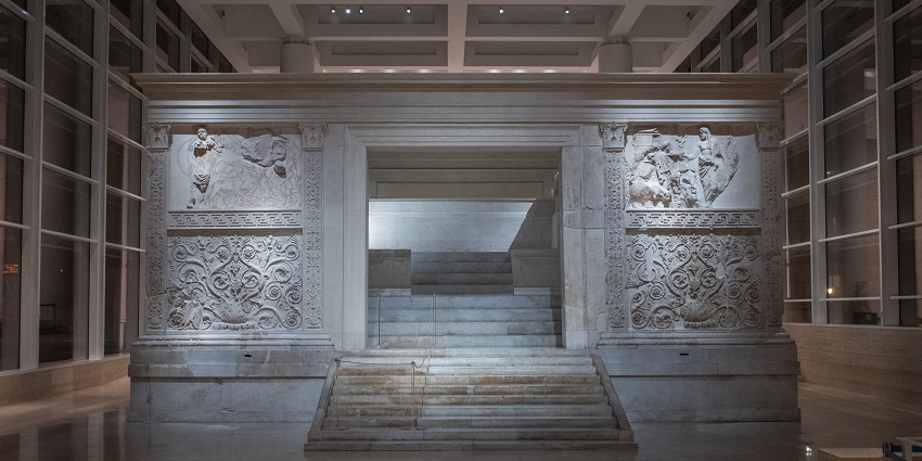 Ara Pacis Augustae, an ancient Roman altar of peace, housed in a modern glass pavilion
