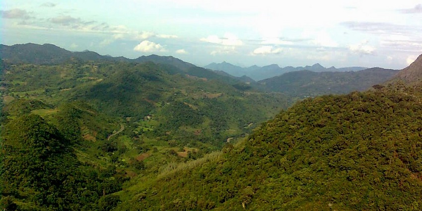 View of the Araku Valley, the forested hills with the clear blue sky in the background.