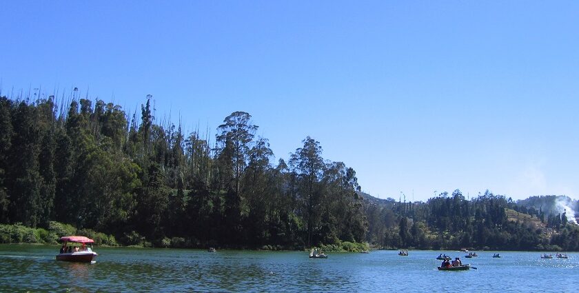 An image of the Ooty Lake shows tourists enjoying boating in the lake’s calm waters.