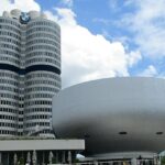 An image showing the exterior of the BMW Museum, showcasing its modern architecture.