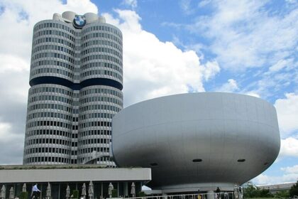 An image showing the exterior of the BMW Museum, showcasing its modern architecture.