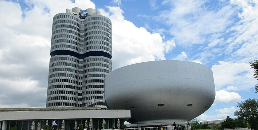 An image showing the exterior of the BMW Museum, showcasing its modern architecture.