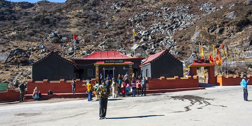 Devotees gathered at the entrance of Baba Harbhajan Singh Temple near Changu Lake
