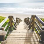 Image of a beach pathway with wooden small bridge surrounded by small lush green plants - beaches in Seville