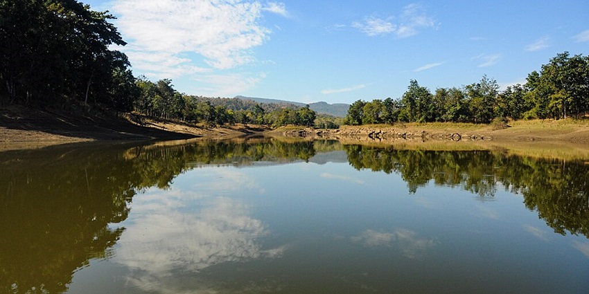Lake with reflection of trees, sandy shorelines resembling the lakes in Madhya Pradesh