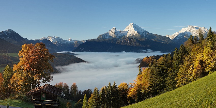 An image showing the vibrant autumn colours in the Berchtesgaden National Park, Germany.