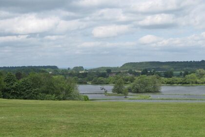 View of the Great Lake of the UK showing clear waters, small trees in between and green grass around