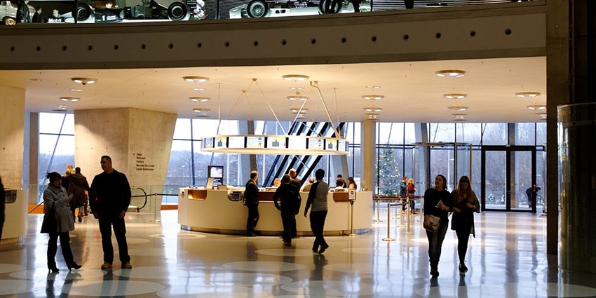 An image showing the entrance hall of the Mercedes-Benz Museum's in Stuttgart.