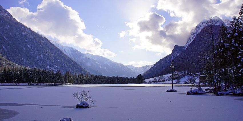 An image showing the serene Hintersee lake in Ramsau, within Berchtesgaden National Park.