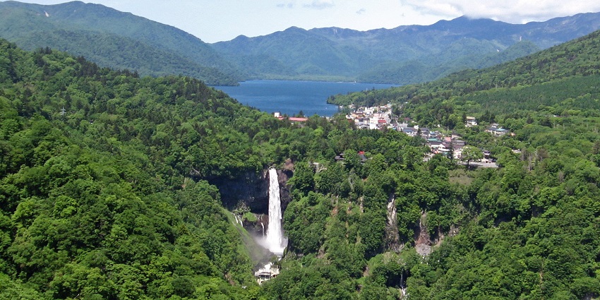 The panoramic view of Lake Chuzenji and Kegon waterfalls.
