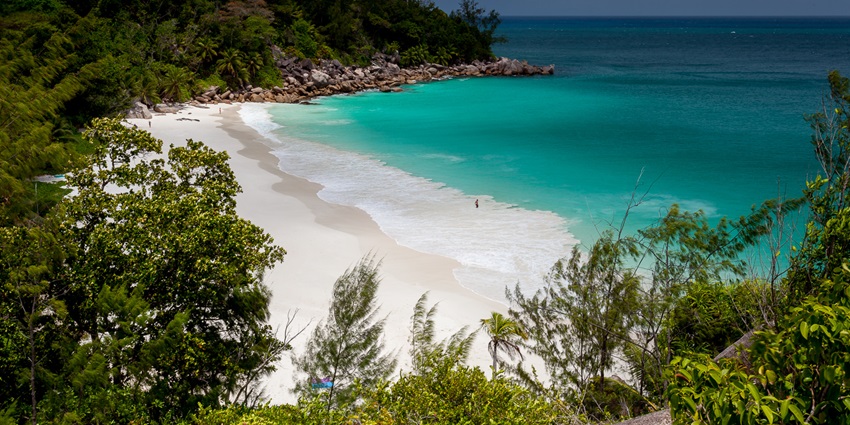 The panoramic view of Anse Georgette beach at Praslin Island classified as a National Park