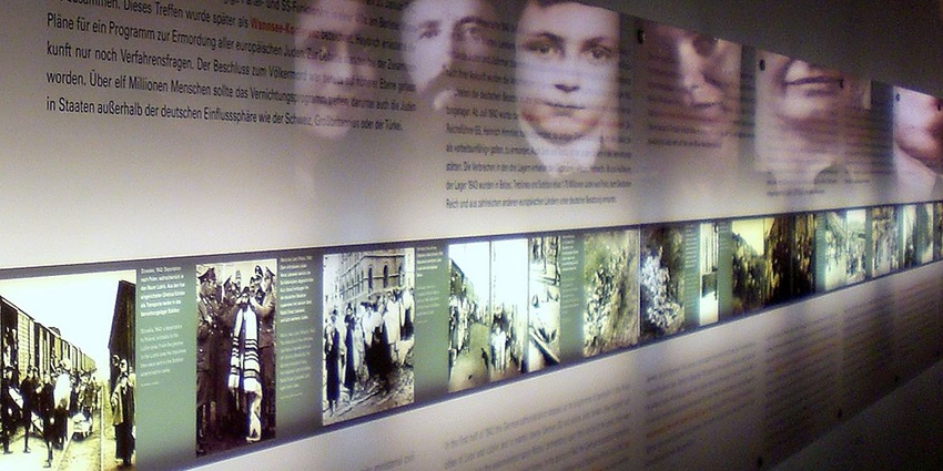 An image showing the interior of the Holocaust Memorial Museum Berlin, reflecting history.