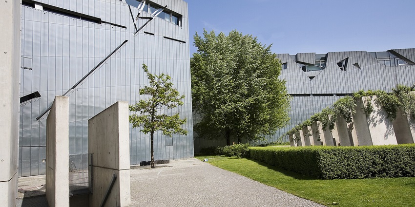 An image showing the entrance of the Jewish Museum in Berlin, a symbol of remembrance and culture.