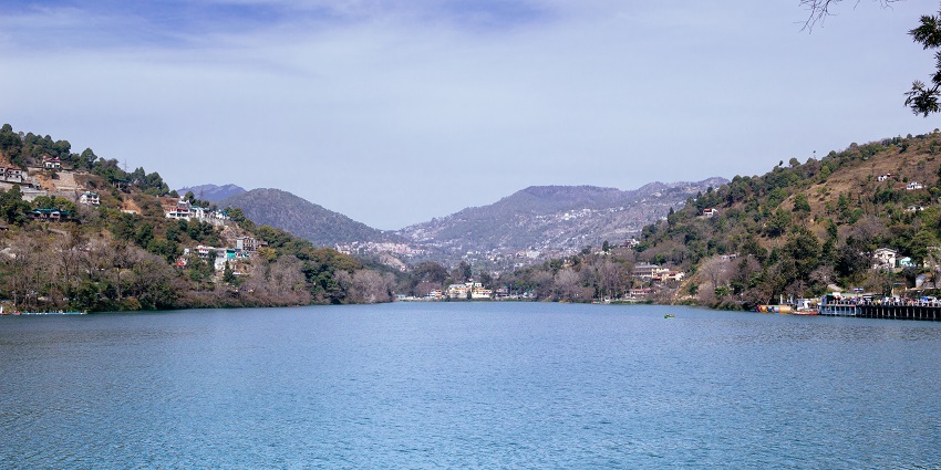 Panoramic view of Bhimtal lake from Aquarium Island Cafe by The Lake Hill