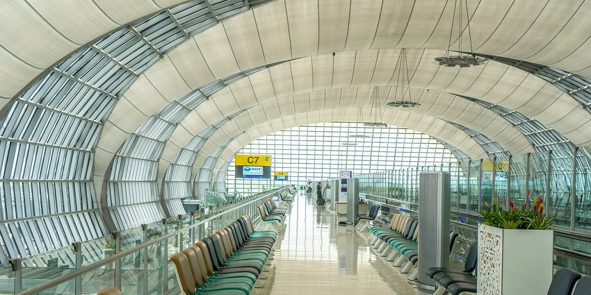 An image of an airport which looks similar to the Billund Airport located in Denmark.