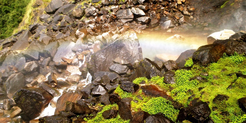 Snapshot of the rainbow formed at the Birthi Falls in Uttarakhand