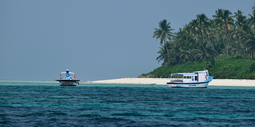 An image of a scenic tour in a lake, with lush greenery and hills in the background.