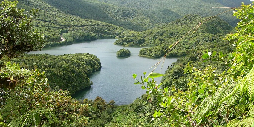 A view of the Boeri Lake with bushes and trees on one side, one of the pretty lakes in Dominica.