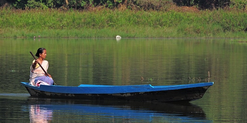 A tranquil view of a woman on a boat in Borsola Beel, surrounded by lush greenery.