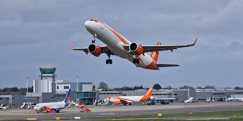 An image of Bristol Airport in England with its striking terminal architecture.