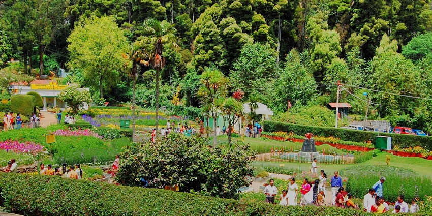A group of tourists enjoy Bryant Park in Kodaikanal on a sunny day