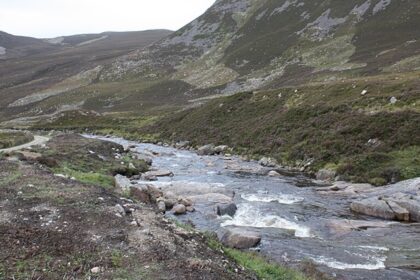 An image of Cairngorms National Park featuring mountains, forests and a flowing river