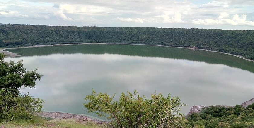 An expansive view of Lonar Lake, a caldera lake in Maharashtra’s Buldhana District.