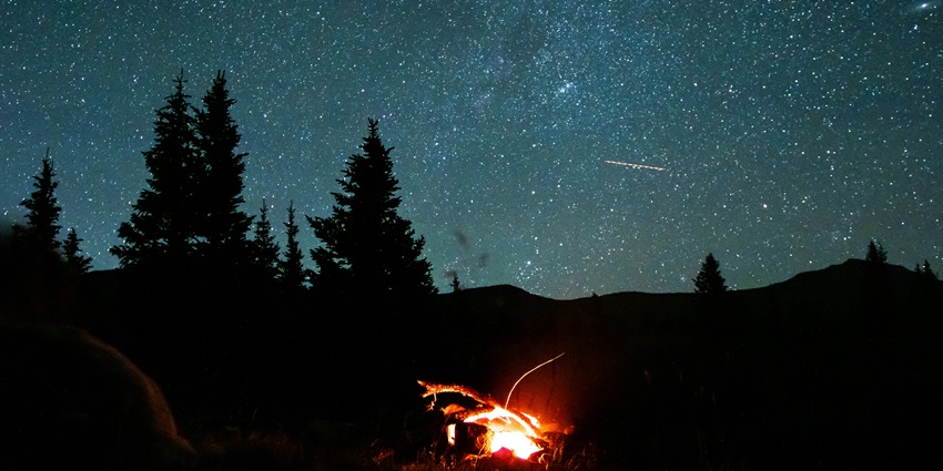 A camping scene with a small bonfire glowing under a star-filled sky, surrounded by trees
