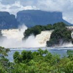 Stunning view of waterfalls and a clear blue sky at the beautiful Canaima National Park