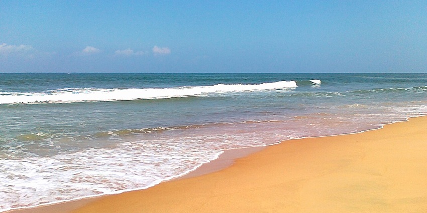Golden-sand Candolim Beach with gentle waves and scrub-covered dunes in Goa